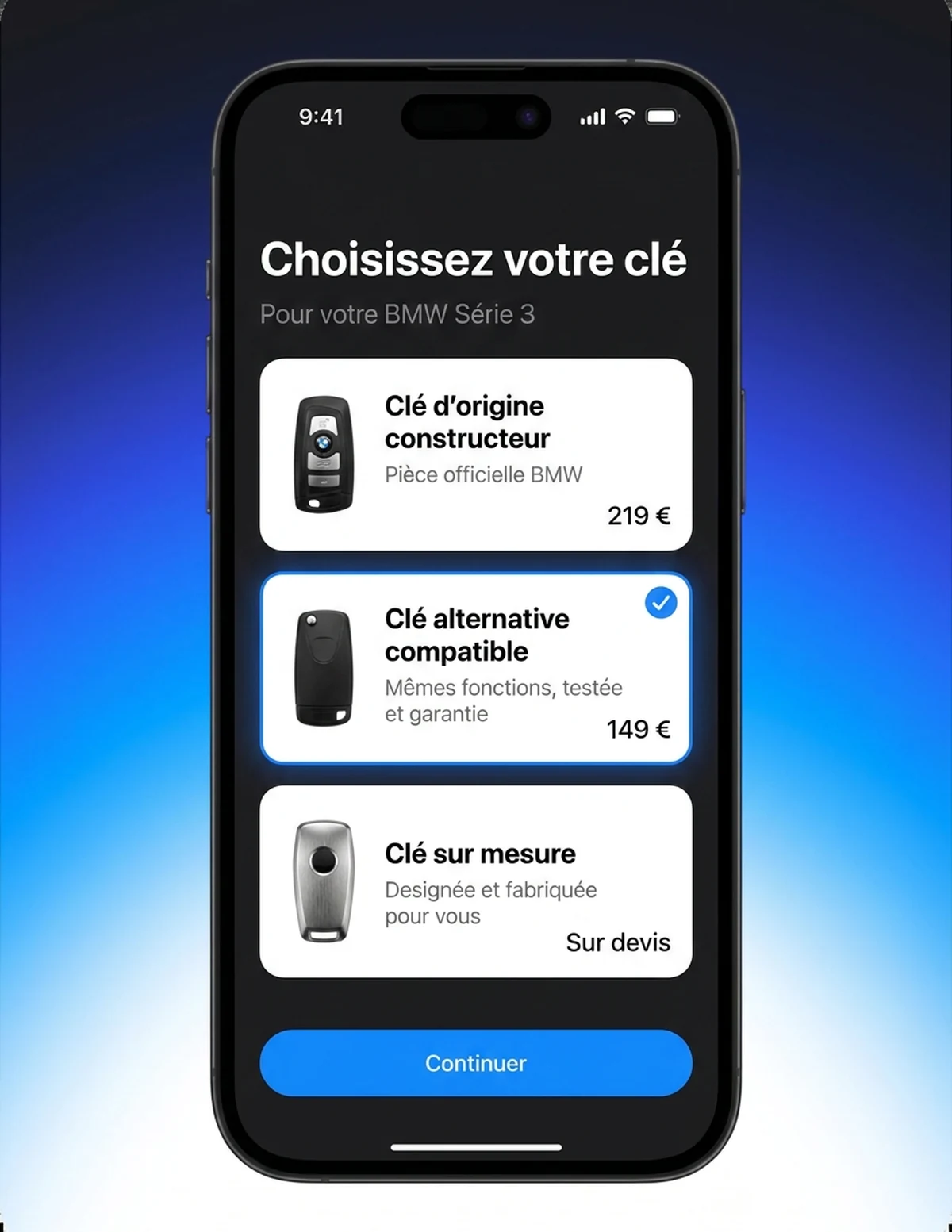 Écran de choix de la clé : d’origine constructeur, alternative compatible ou sur mesure