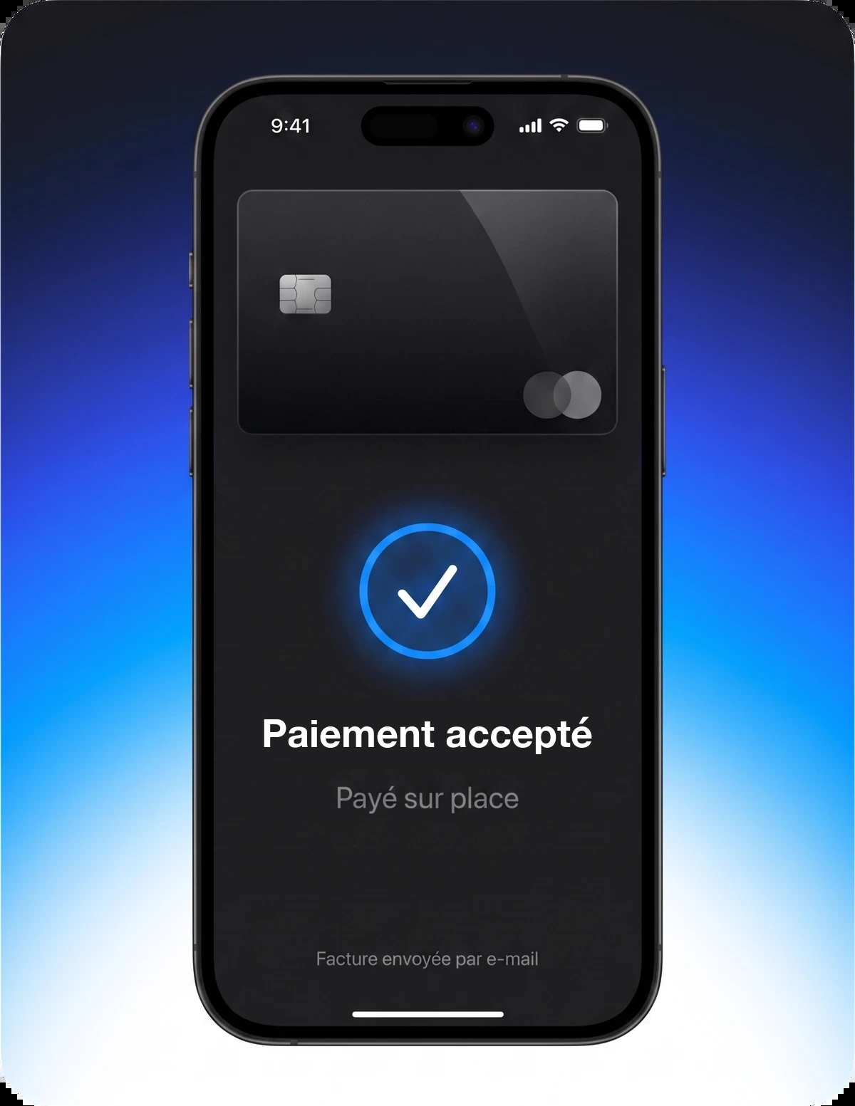 Écran de paiement validé : paiement accepté sur place, par carte ou mobile