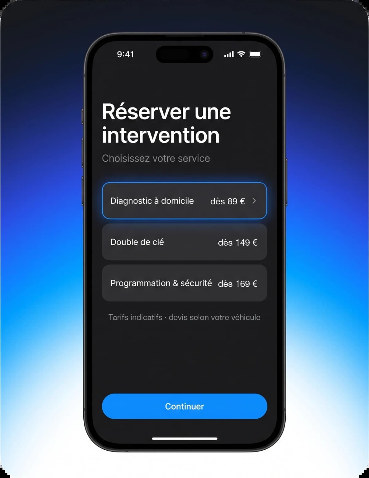 Écran de réservation Clediag : choix du service — diagnostic à domicile, double de clé ou programmation — avec tarifs indicatifs